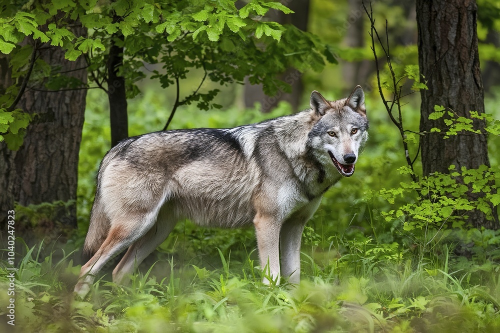 A wolf standing amidst a lush green forest