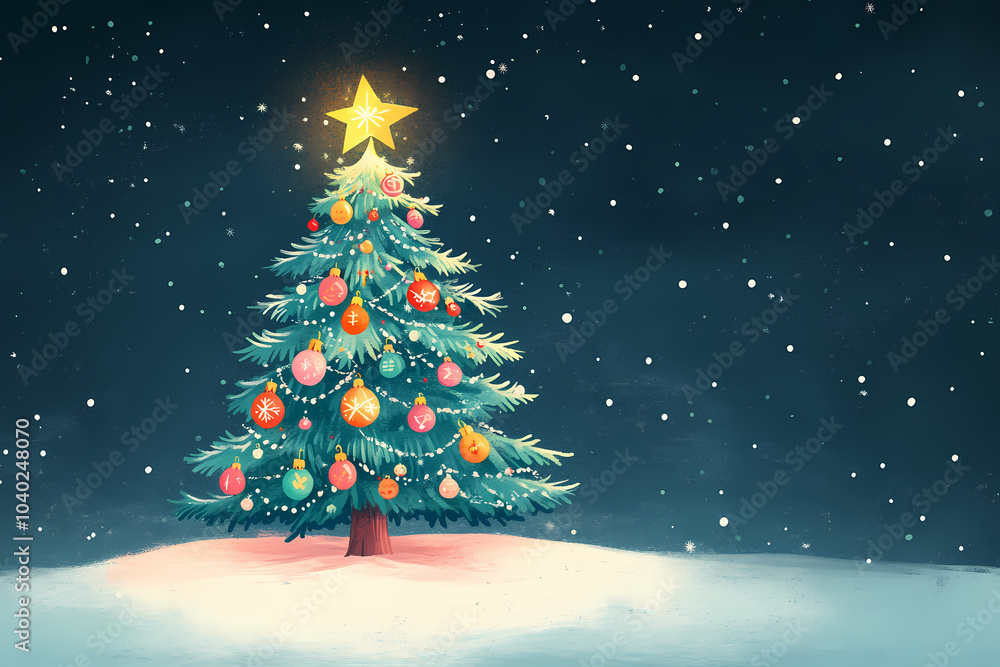 A festive illustration of a Christmas tree adorned with colorful ornaments, twinkling lights, and a shining star on top A festive illustration of a Christmas tree adorned with colorful ornaments, twinkling lights, and a shining star on top
