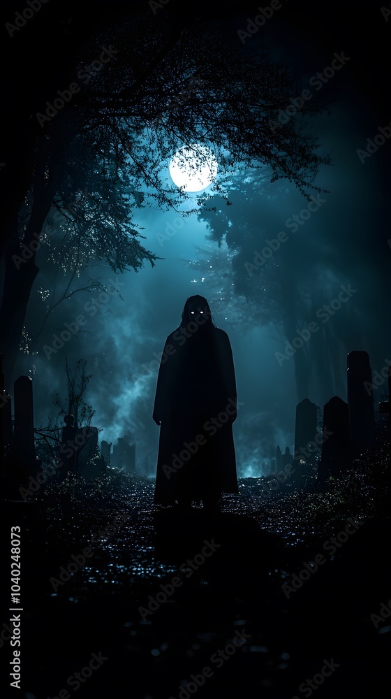 Mysterious Figure in Dark Graveyard Under Full Moon Mysterious Figure in Dark Graveyard Under Full Moon