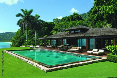 Wallpaper Mural A luxurious modern villa with a spacious swimming pool amidst a lush tropical landscape offering serene relaxation and breathtaking views Torontodigital.ca