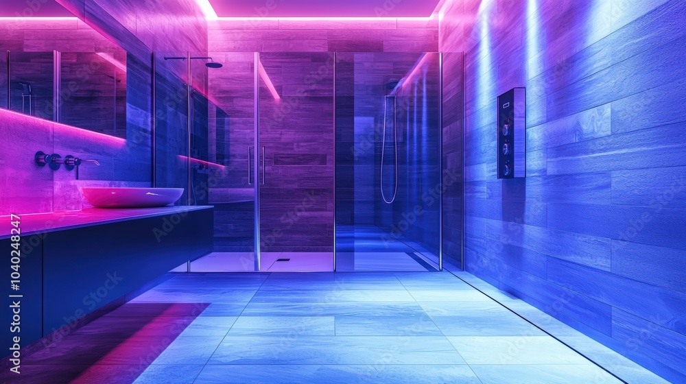 A bathroom with a blue and purple lighted wall A bathroom with a blue and purple lighted wall