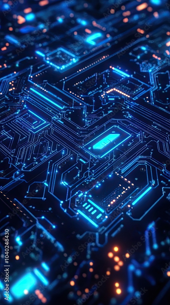 Futuristic digital circuit board with vibrant blue lights and intricate patterns, symbolizing advanced technology and innovation. Futuristic digital circuit board with vibrant blue lights and intricate patterns, symbolizing advanced technology and innovation.