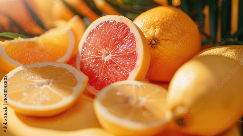Slices of exotic tropical fruits against a bright, sunny backdrop Slices of exotic tropical fruits against a bright, sunny backdrop