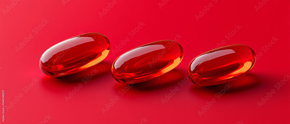 Three Red Gel Capsules on Red Background Three Red Gel Capsules on Red Background