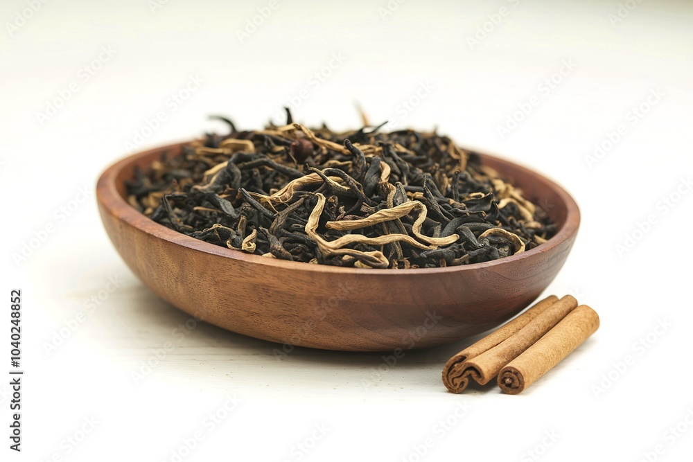 Fototapeta premium Dry fermented tea leaves with cinnamon in a wooden bowl on a white background