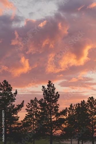 Dramatic orange and pink cloudy sky at sunset over a silhouette of pine trees