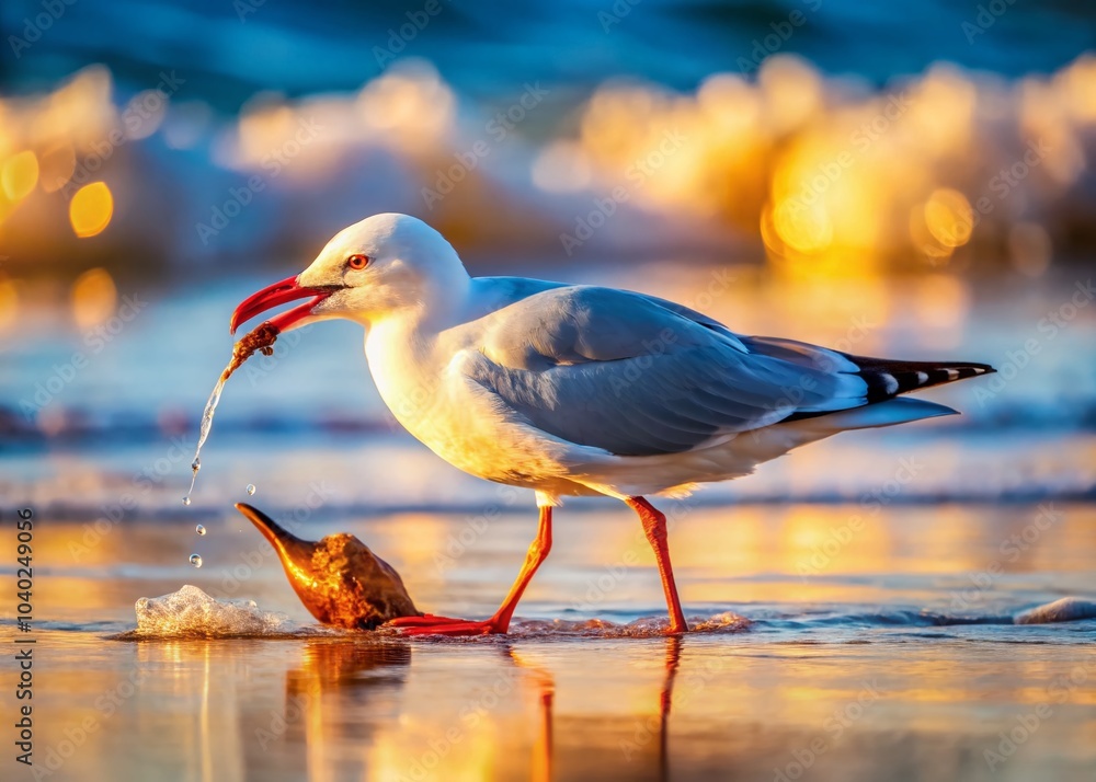 Obraz premium Silver Gull Feasting on Crab by the Shore - Captivating Wildlife Scene for Nature Lovers