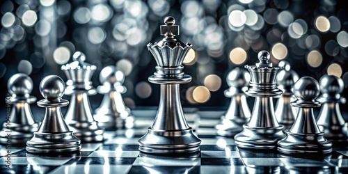 Silver Chess Pieces on a Checkered Board for Strategic Competition in Social Media Design photo