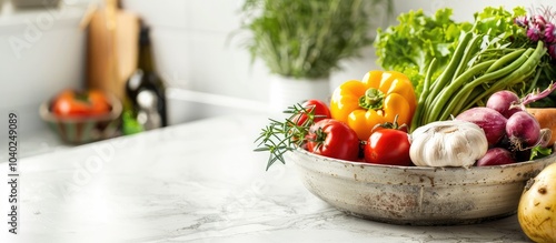 Vegetarian food for optimal health presentation on a white kitchen table with a spacious background for additional imagery photo