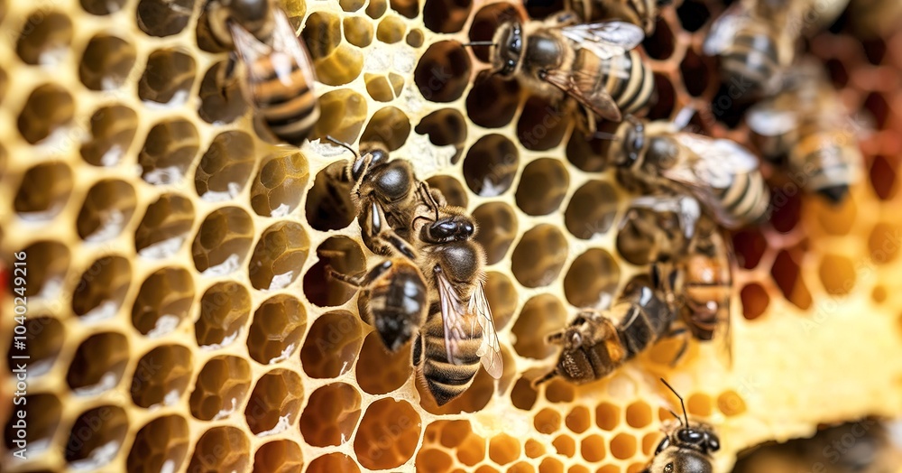 Frame with bees and honey, honeycomb cells closeup Frame with bees and honey, honeycomb cells closeup