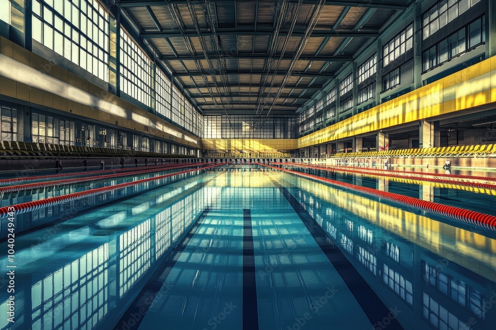 Fototapeta premium A large indoor swimming pool surrounded by a building, suitable for use in architecture and design projects