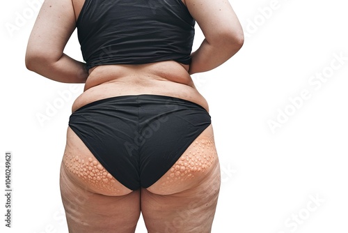 Overweight woman with fat cellulite legs and buttocks, obesity female body in black underwear isolated on white background