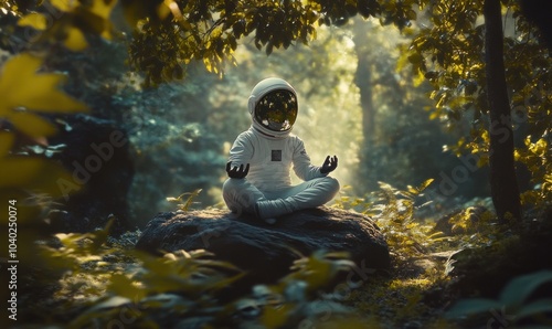 Astronaut Meditating in Lush Forest Setting photo