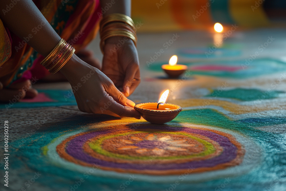 Obraz premium Diwali,Colorful clay diya lamps with flowers Diwali, Hindu festival of lights celebration. Diya oil lamps against dark background,