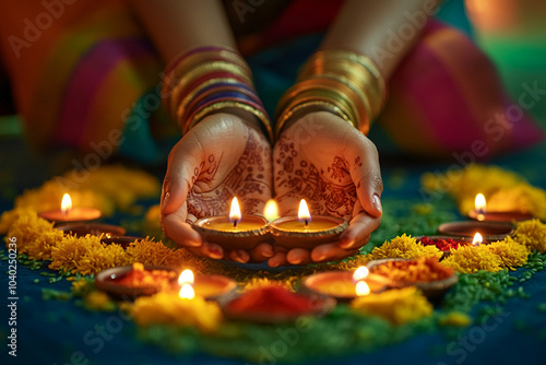 Diwali,Colorful clay diya lamps with flowers Diwali, Hindu festival of lights celebration. Diya oil lamps against dark background, photo