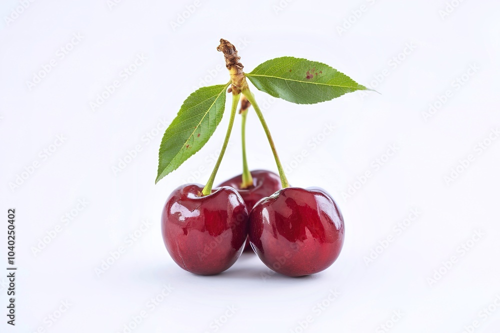 Two ripe red cherries with green leaves isolated on a white background, close-up Two ripe red cherries with green leaves isolated on a white background, close-up