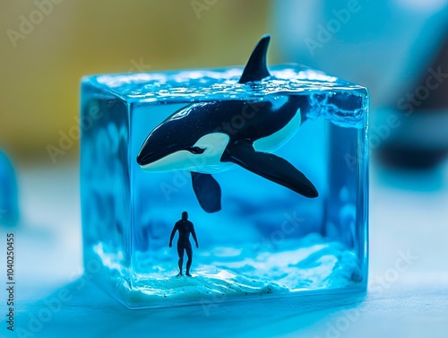 A toy figure of a man standing in an ice cube with a killer whale in it photo