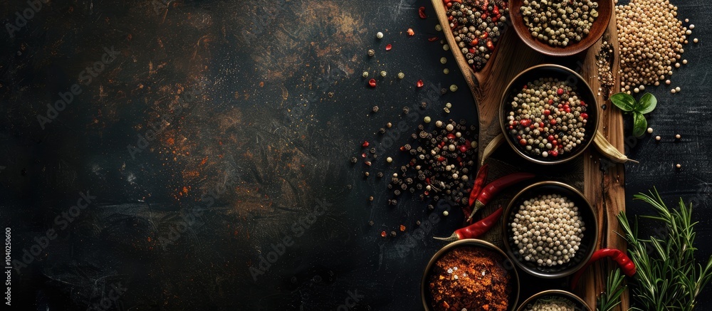 Top view of an assortment of spices on a wooden board against a black background with ample copy space image Top view of an assortment of spices on a wooden board against a black background with ample copy space image