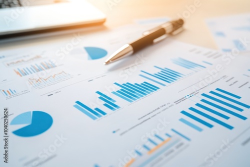 Business charts and a pen indicating financial strategy.