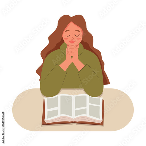 Young Woman Joyful Praying. Calm Female Believer Pray to God. Reading the Bible. Faith and Hope. Vector Illustration.