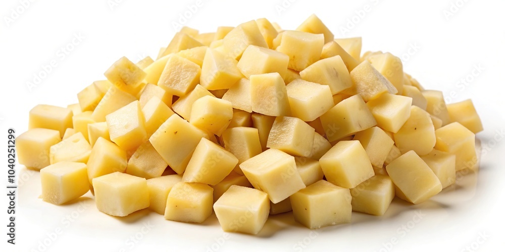 Aerial heap of diced raw potatoes isolated on white background with clipping path Aerial heap of diced raw potatoes isolated on white background with clipping path