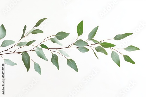 A branch with lush green leaves on a pure white background, perfect for use in nature-inspired designs or backgrounds