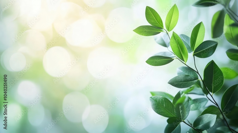 Green plant branch with fresh leaves, set against a blurred background with bokeh lighting, representing renewal and tranquility Green plant branch with fresh leaves, set against a blurred background with bokeh lighting, representing renewal and tranquility