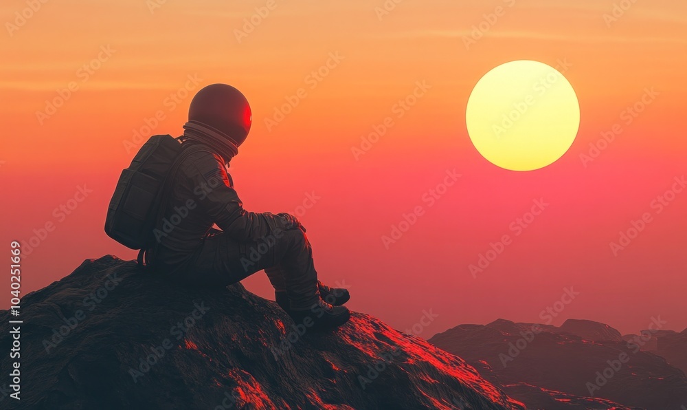 Astronaut Watching Sunset on Alien Planet Landscape Astronaut Watching Sunset on Alien Planet Landscape