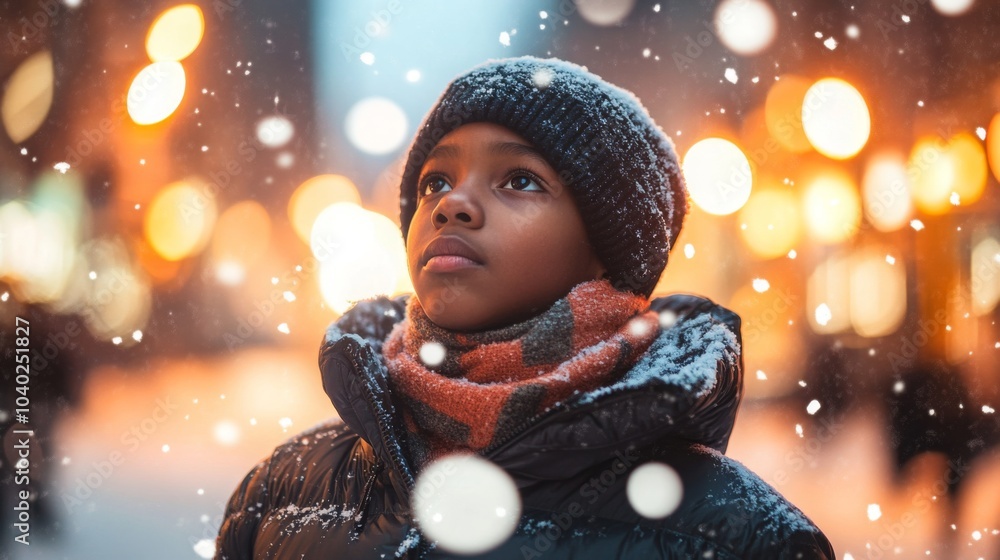 A child stands in a snowy urban landscape, wearing a warm hat and scarf, looking upwards in awe as delicate snowflakes fall around. A child stands in a snowy urban landscape, wearing a warm hat and scarf, looking upwards in awe as delicate snowflakes fall around.