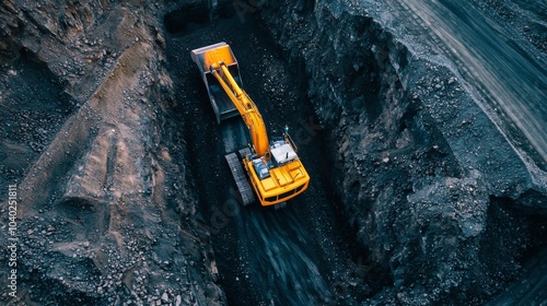 Coal mining in an open pit. Mining excavator loads coal in haul truck in quarry. Excavator digging in an open pit coal mine. Tipper truck hauling minerals from open-pit. Heavy machinery in opencast.