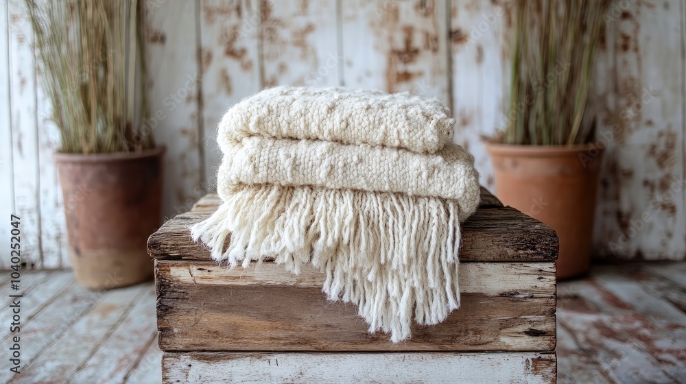 Cozy blanket draped decoratively on a rustic wooden table Cozy blanket draped decoratively on a rustic wooden table