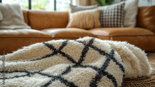 Cozy living room with warm blanket draped over a sofa