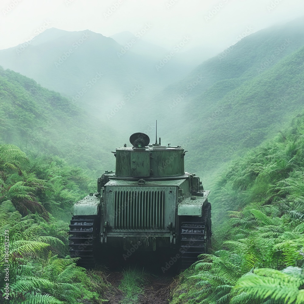 Fototapeta premium A tank in a misty valley surrounded by lush greenery.