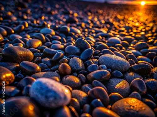 Small Black Rock Pebbles Texture in Night Photography - Natural Patterns and Organic Shapes for Stock Images