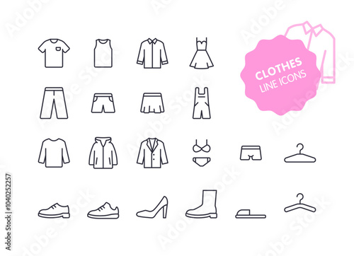 Set of 20 linear editable icons on the theme Clothing. Vector illustration.