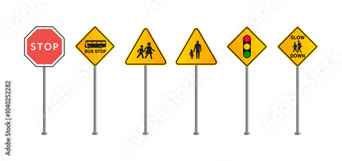 School Zone Signs Vector: Pedestrian Road and Traffic Warning Symbols