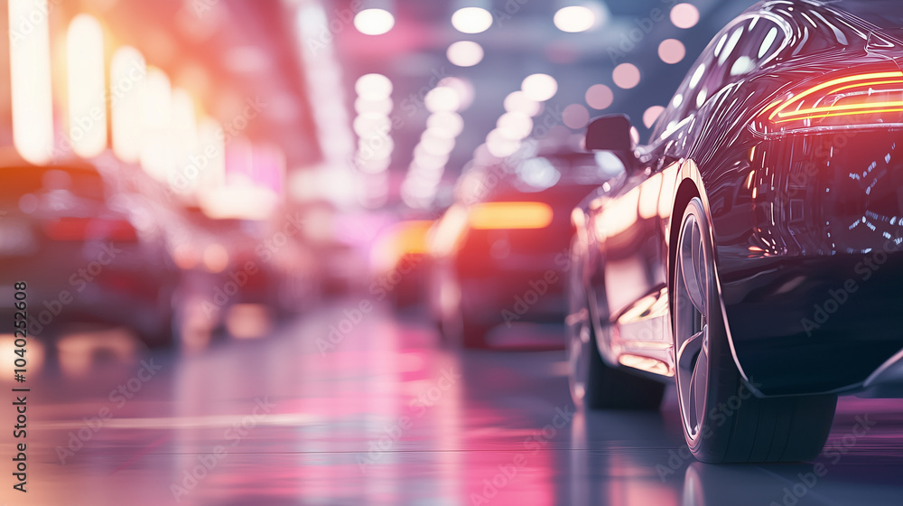 A vibrant image of a new car showroom interior, with sleek vehicles on display and a blurred abstract background, emphasizing the modern and inviting atmosphere for potential buyer A vibrant image of a new car showroom interior, with sleek vehicles on display and a blurred abstract background, emphasizing the modern and inviting atmosphere for potential buyer