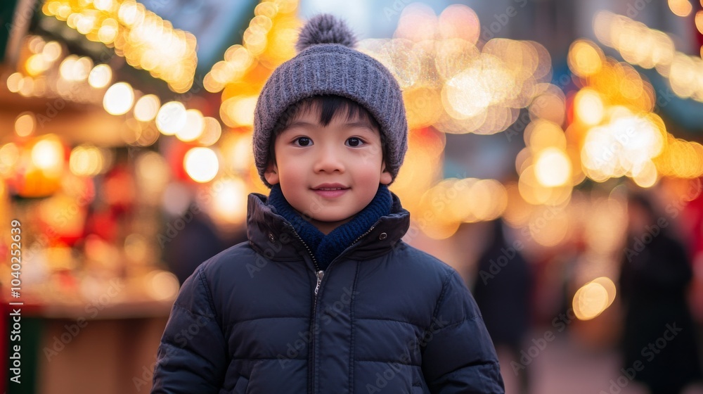 A young boy in a warm winter jacket and knitted hat stands confidently amid twinkling lights and shoppers at a festive market, embodying the holiday spirit. A young boy in a warm winter jacket and knitted hat stands confidently amid twinkling lights and shoppers at a festive market, embodying the holiday spirit.