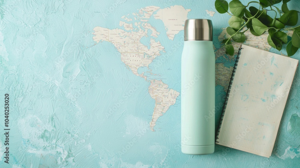 Exploring the World with a Travel-Themed Thermo Water Bottle, World Map, and Journal in Ultra-Detailed Shot Exploring the World with a Travel-Themed Thermo Water Bottle, World Map, and Journal in Ultra-Detailed Shot