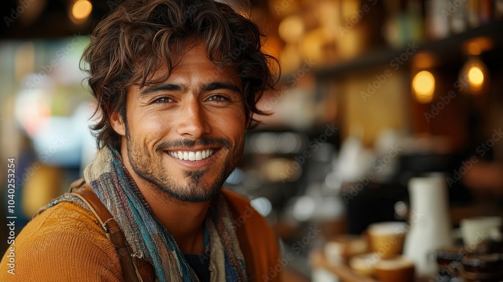 Cheerful man smiling warmly in a cozy coffee shop setting Cheerful man smiling warmly in a cozy coffee shop setting