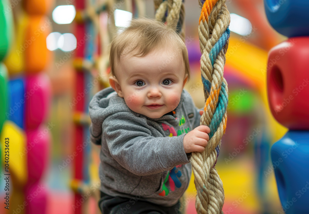 A cute baby boy is climbing on the rope puzzle in an indoor playground, wearing casual and black pants A cute baby boy is climbing on the rope puzzle in an indoor playground, wearing casual and black pants