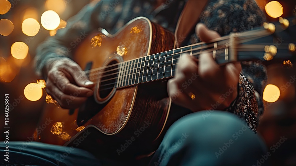 Obraz premium Close-up of hands playing acoustic guitar with warm bokeh background