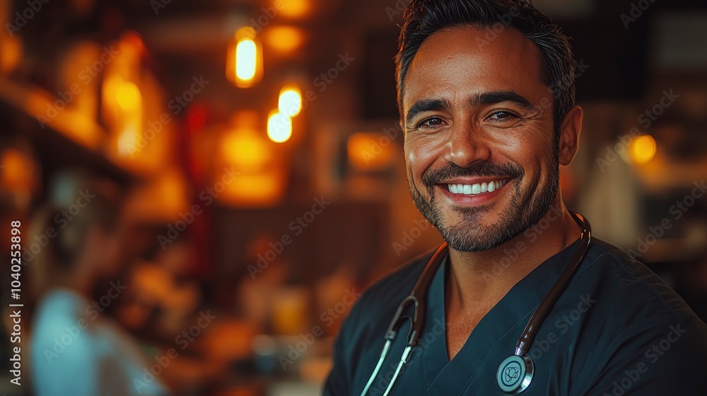Fototapeta premium Cheerful doctor smiling warmly in a busy medical environment