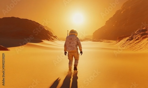 Astronaut Walking on Alien Desert Landscape at Sunset photo