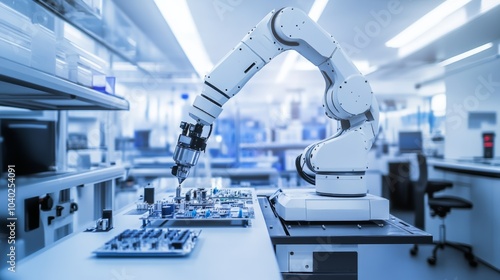 A robot performing precision tasks in a high-tech electronics lab with clean surfaces and sophisticated electronic components, Electronics tech style, photo of