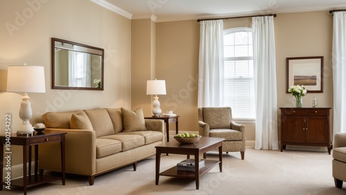 A cozy living room features beige sofas, wooden furniture, framed art, a large window, and decorative lamps, creating a warm and inviting atmosphere.