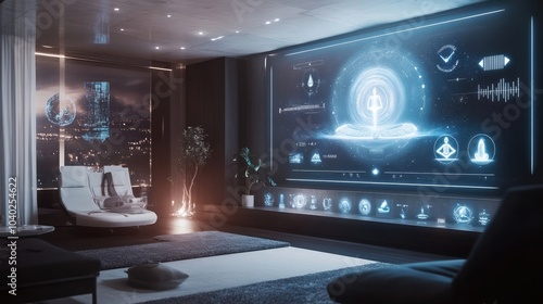 High-tech living room with a holographic smart home interface, showing a serene scene with meditation and space imagery, representing futuristic living.