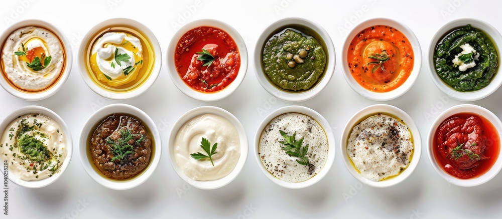 A variety of dips arranged neatly in rows in bowls against a white background with room for a copy space image A variety of dips arranged neatly in rows in bowls against a white background with room for a copy space image