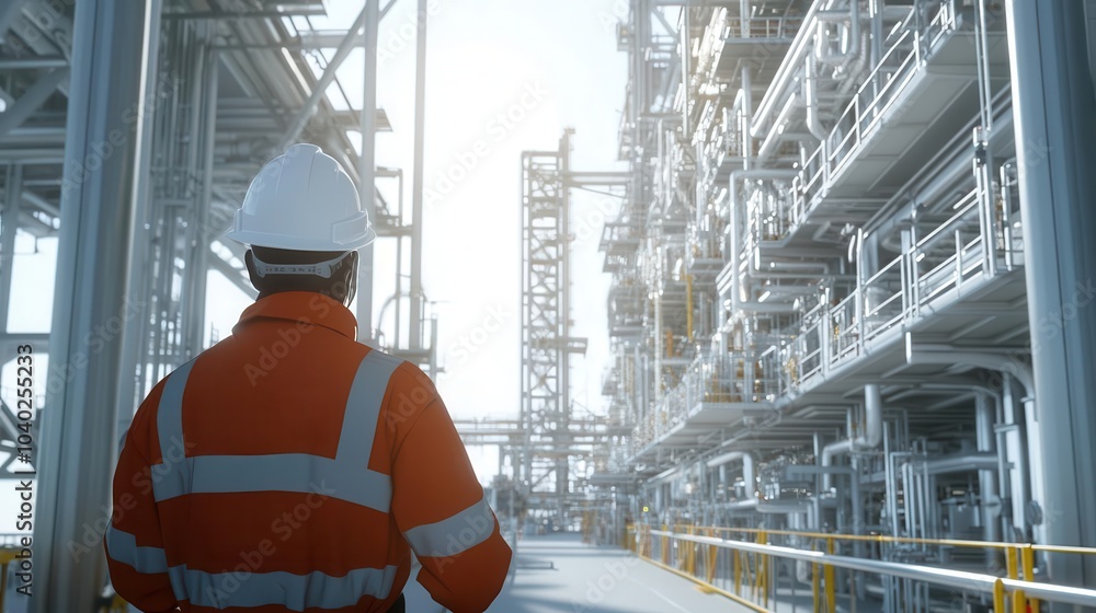 A worker in an oil and gas facility, wearing safety gear like a hard hat and a high visibility safety coverall with reflective stripes A worker in an oil and gas facility, wearing safety gear like a hard hat and a high visibility safety coverall with reflective stripes