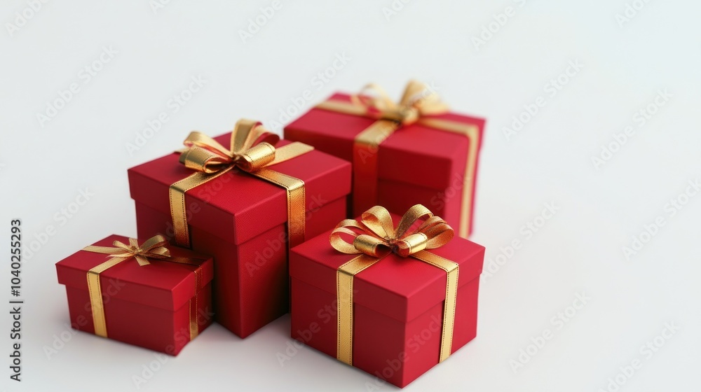 Four wrapped presents in red with gold ribbon detail. Four wrapped presents in red with gold ribbon detail.